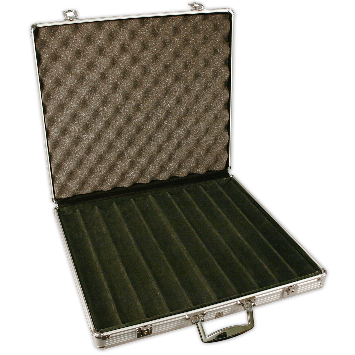 Interior view of 1000 chip capacity aluminum poker chips case