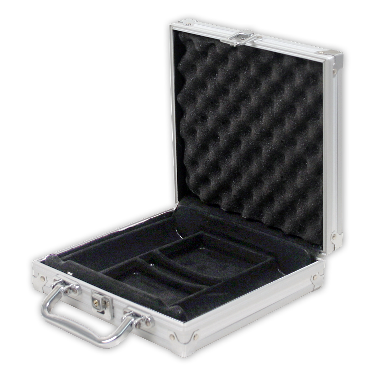 Interior view of aluminum poker chips case with room for 100 chips