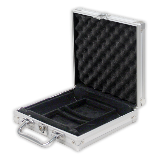 Interior view of aluminum poker chips case with room for 100 chips