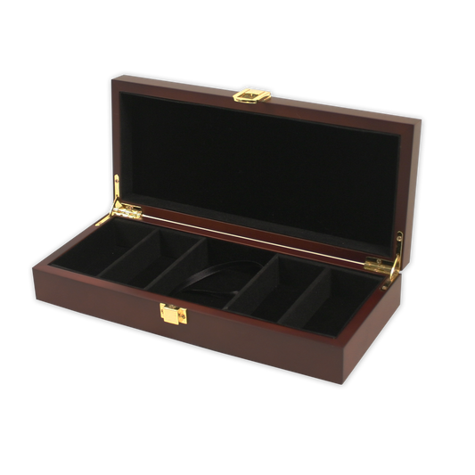 Interior view of mahogany wood poker chips case with room for 100 chips