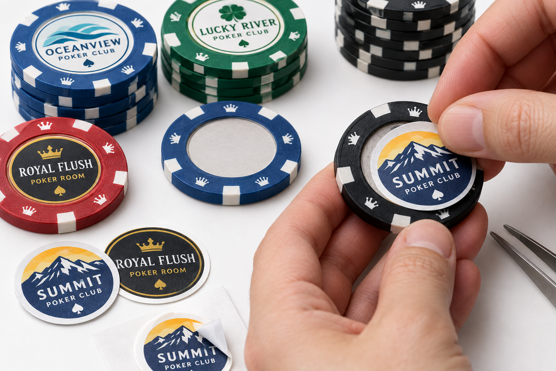 Blank poker chips with inserts being applied to them