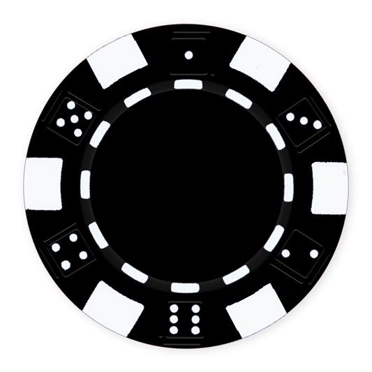 Black 11 .5 gram clay composite poker chip with dice design, UV direct print & foil-stamp ready
