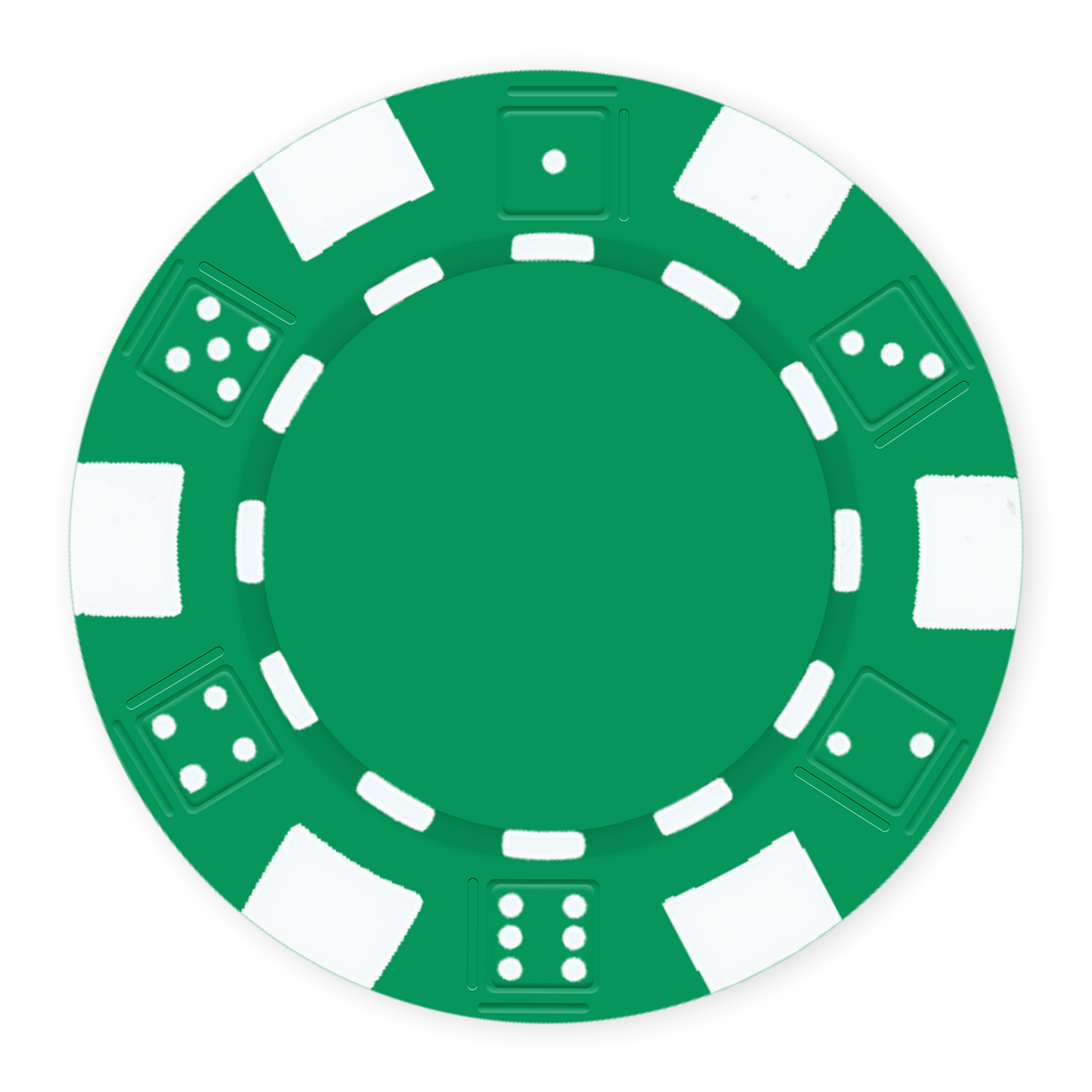 Green 11 .5 gram clay composite poker chip with dice design, UV direct print & foil-stamp ready