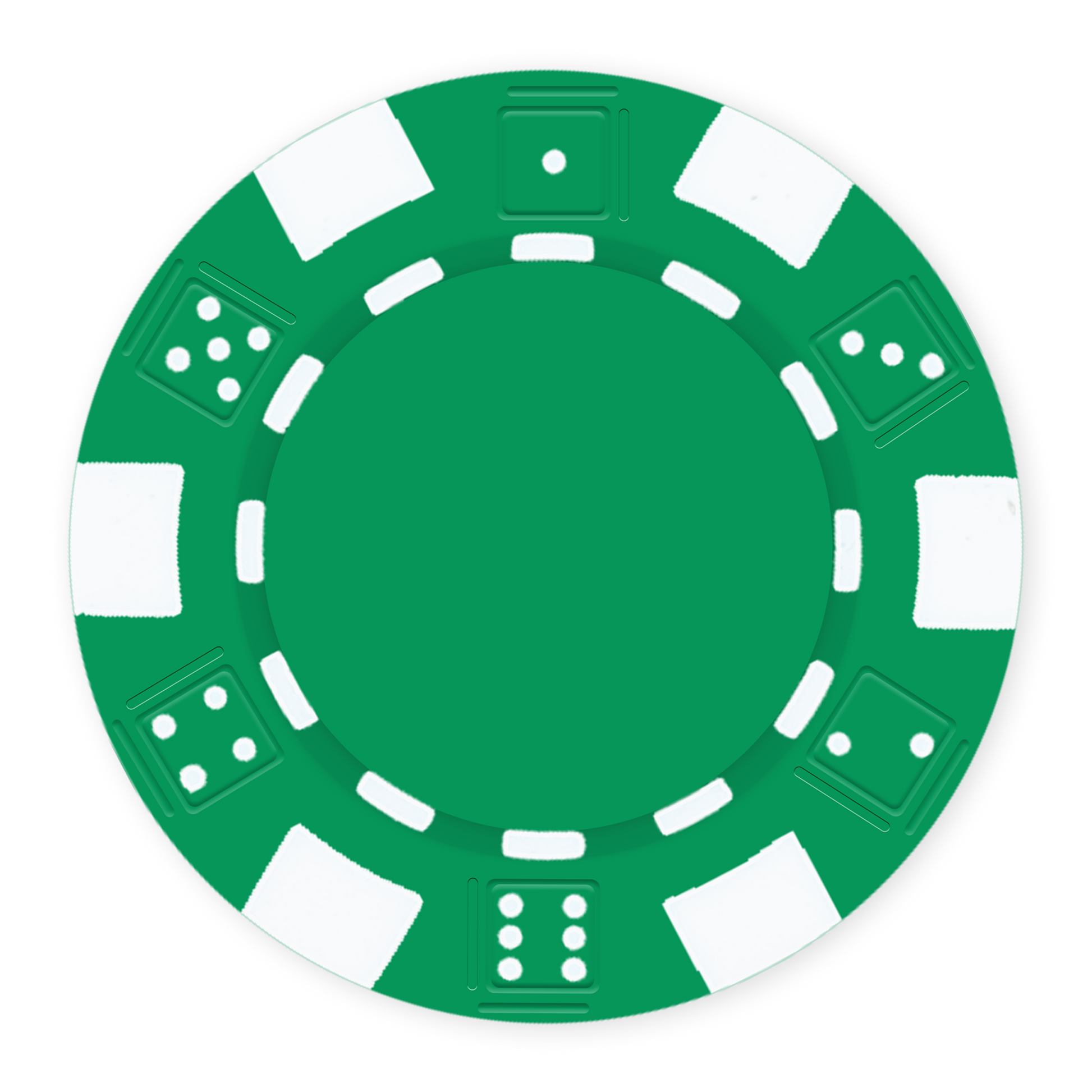 Green 11 .5 gram clay composite poker chip with dice design, UV direct print & foil-stamp ready
