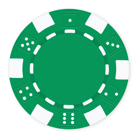 Green 11 .5 gram clay composite poker chip with dice design, UV direct print & foil-stamp ready
