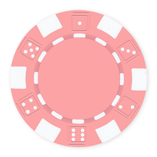 Pink 11 .5 gram clay composite poker chip with dice design, UV direct print & foil-stamp ready