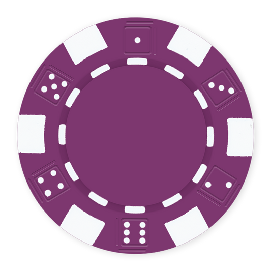 Purple 11 .5 gram clay composite poker chip with dice design, UV direct print & foil-stamp ready