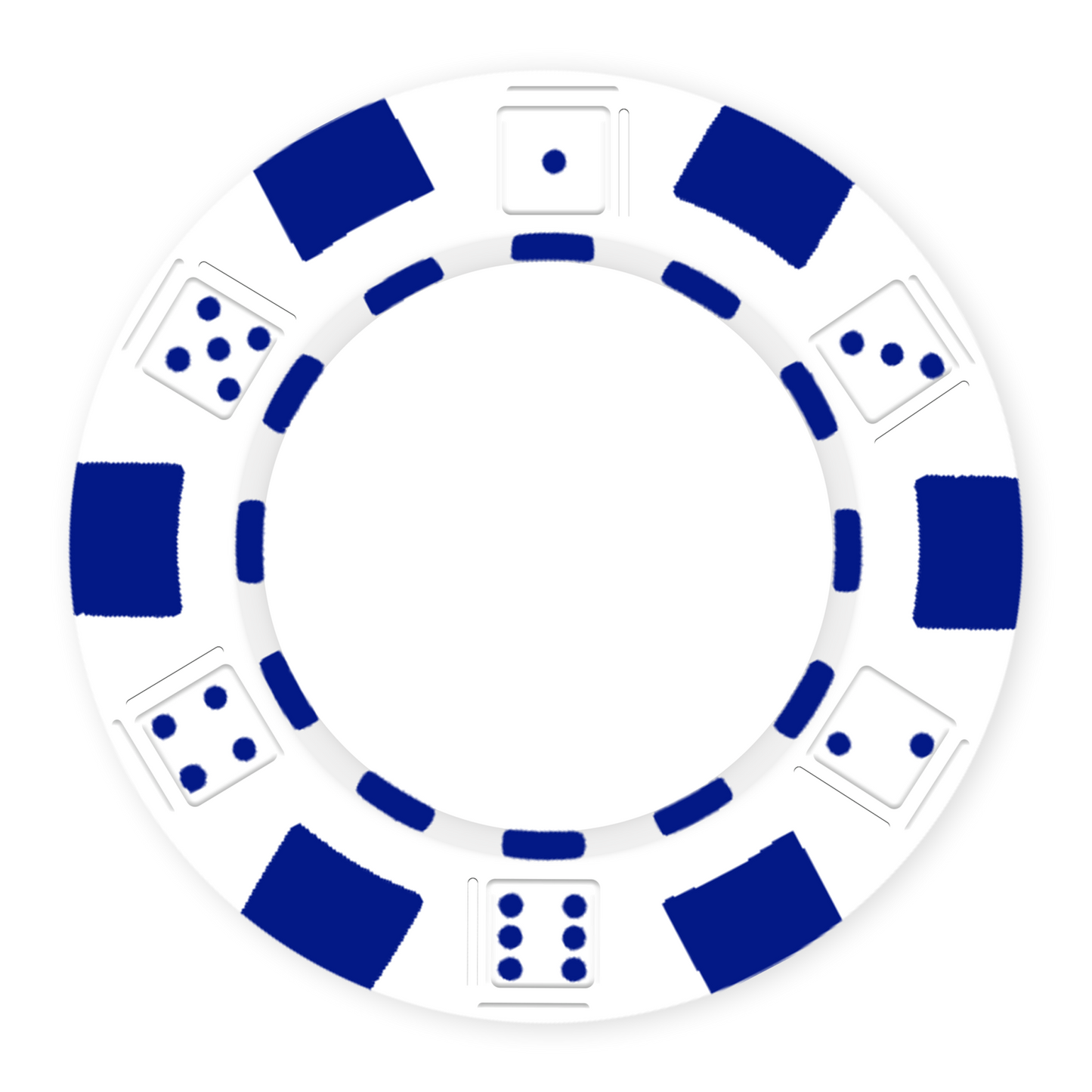 White 11 .5 gram clay composite poker chip with dice design, UV direct print & foil-stamp ready