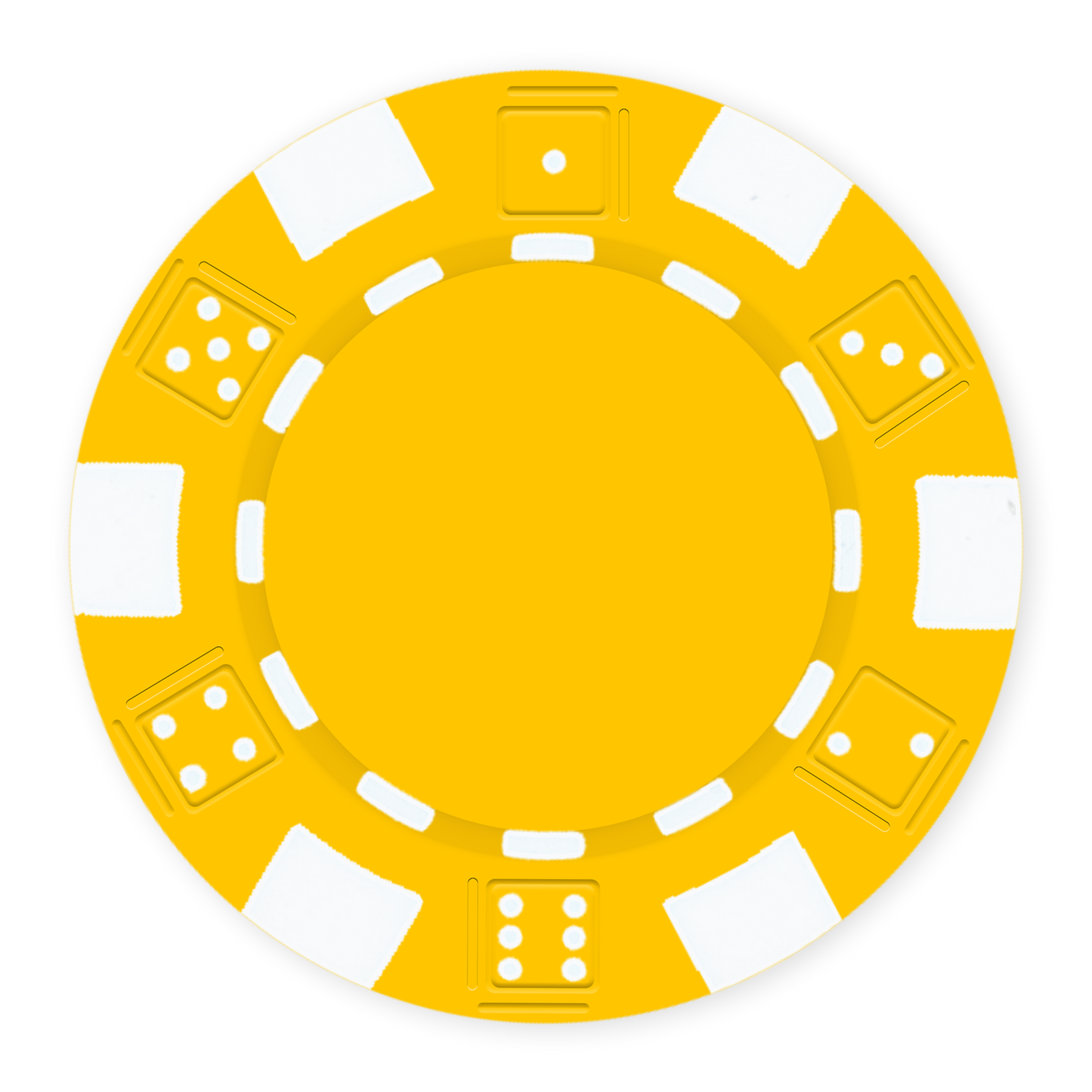 Yellow 11 .5 gram clay composite poker chip with dice design, UV direct print & foil-stamp ready