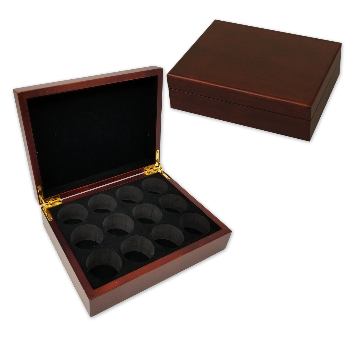 Mahogany wood golf ball box with room for 12 balls - Interior and exterior views