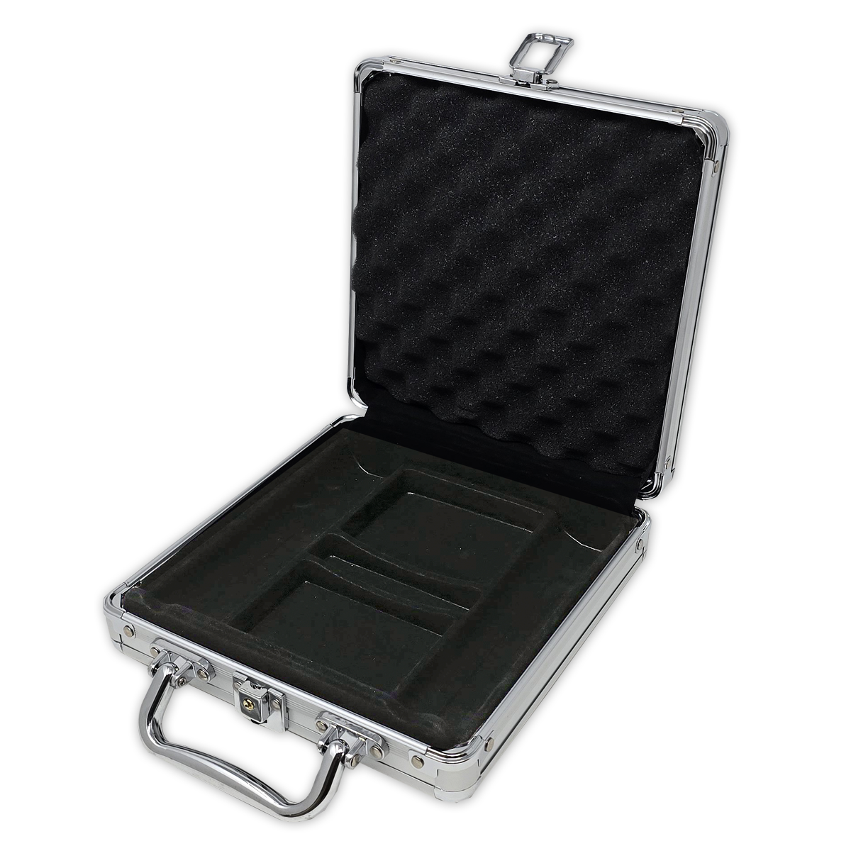 Interior view of aluminum poker chips case with room for 100 chips