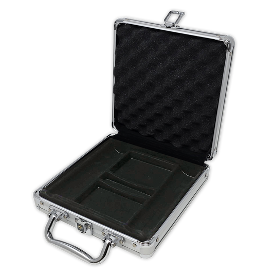 Interior view of aluminum poker chips case with room for 100 chips