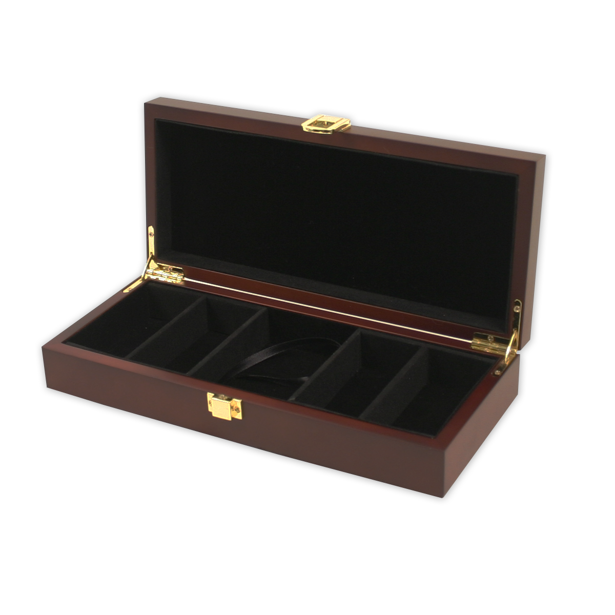 Interior view of mahogany wood poker chips case with room for 100 chips
